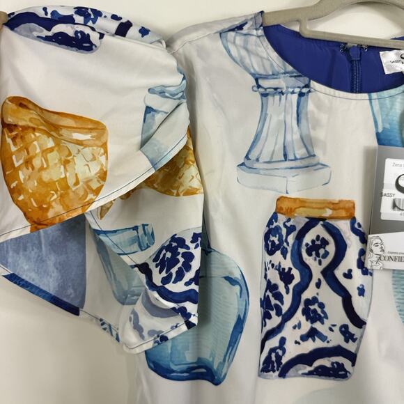 Sassy Jones New Zena Layered Cape Jumpsuit Small Blue Vase Print Puff Sleeve - Picture 9 of 16